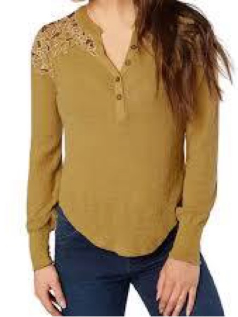Free People Reed Green Lace Yoke Henley Top - Picture 2 of 8